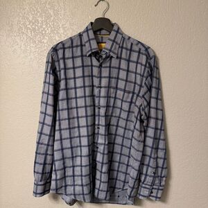 Robert Talbott Mens Shirt M Blue Chevron Check Windowpane Plaid